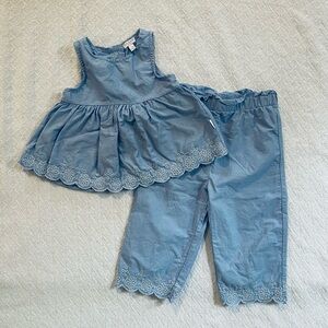 Tahari Dusty Blue Scalloped Embroidered Sleeveless Top and Pants Matching Set